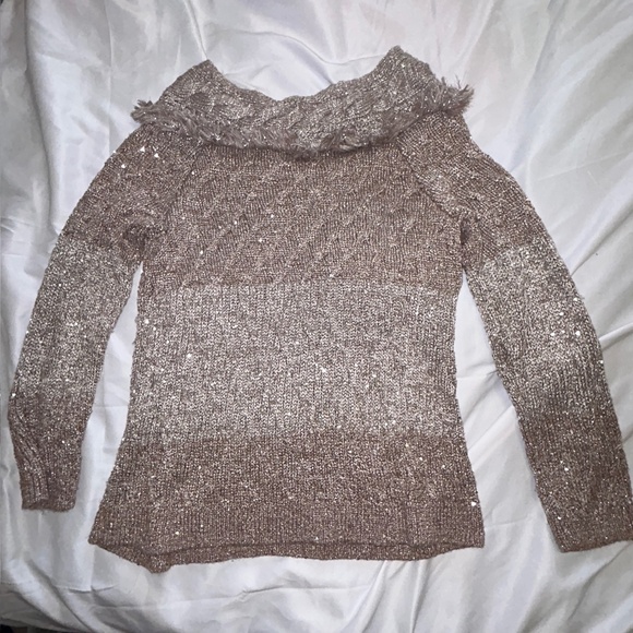 White House Black Market Sequin Sweater Boat-Neck Fringe Mink/Metallic Taupe W L - Picture 6 of 14